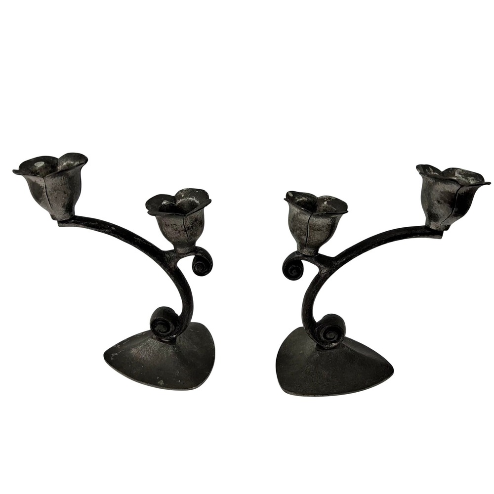 Lot of 2 Vtg French Pewter Candlesticks Etain 97% Art Nouveau Rose Asymmetric